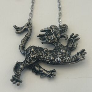 Asian Dragon Pendant Necklace Mythical Beast Black Enamel Silver Tone Vintage